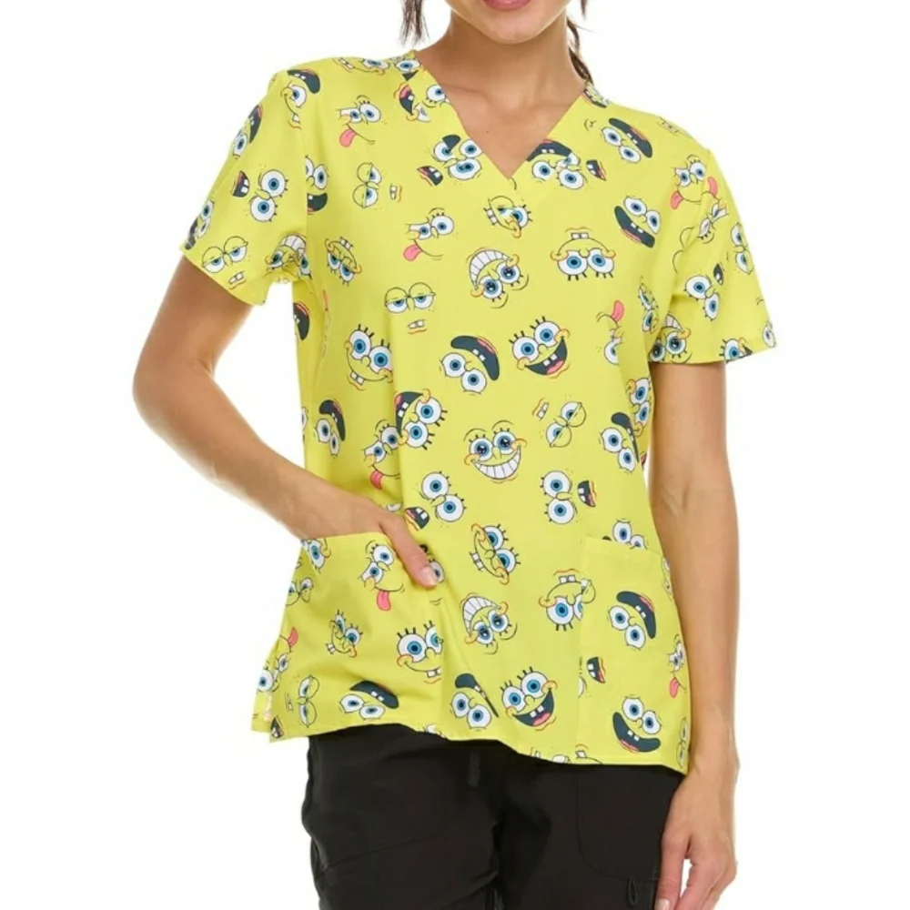 women XL v neck sponge bob scrub top with two front pockets brand new - Picture 2 of 4